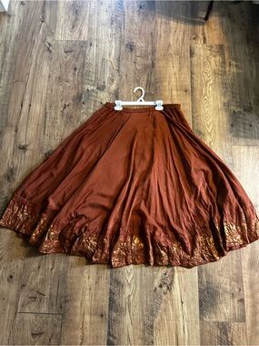 Coldwater Creek Rust Midi Skirt with Metallic Gold Hem